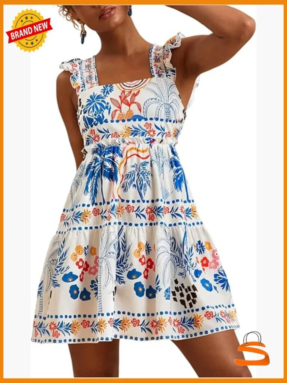 Floral Graphic Short Sleeveless Tank Dress Boho Ruffle Hem
